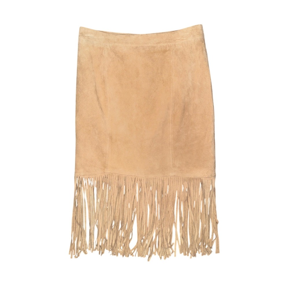 Cusp Neiman Marcus Tan Suede Fringe Skirt Western Boho Coastal Cowgirl Y2K Retro